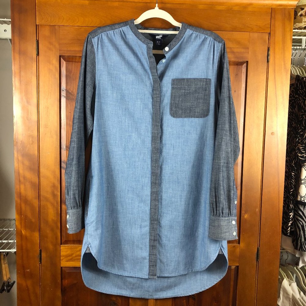 Lands' End Coastal Blue &Gray Beachy Long Sleeve Cotton Button Front Shirt Dress
